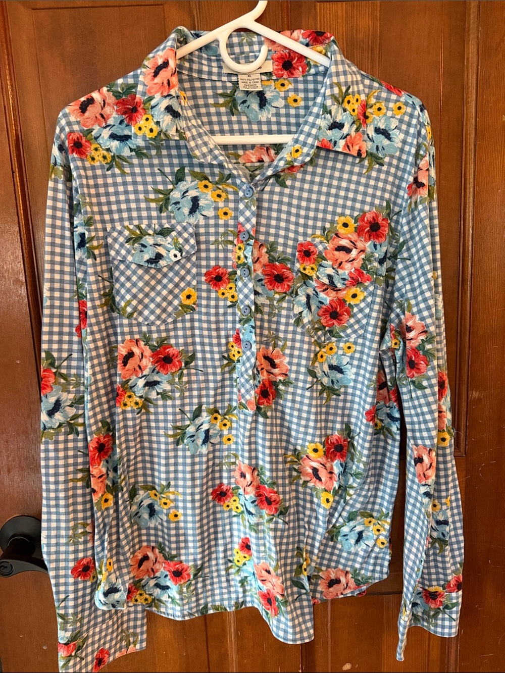 Love Potion Vintage Blue Gingham Floral Button-Up Shirt